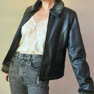 Y2K Limited Too Black Faux Leather Fur Trim Zip Up Coat